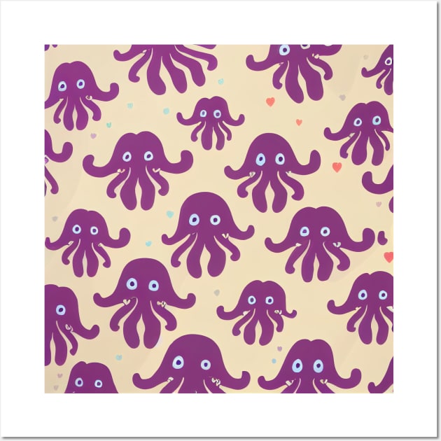 A fun vividly colored pattern of cute pink octopi and hearts swimming around the ocean  in a cartoonish minimalist style inspired by credit scenes anime movie and television series.  Thank you for supporting an indie artist! Wall Art by JensenArtCo